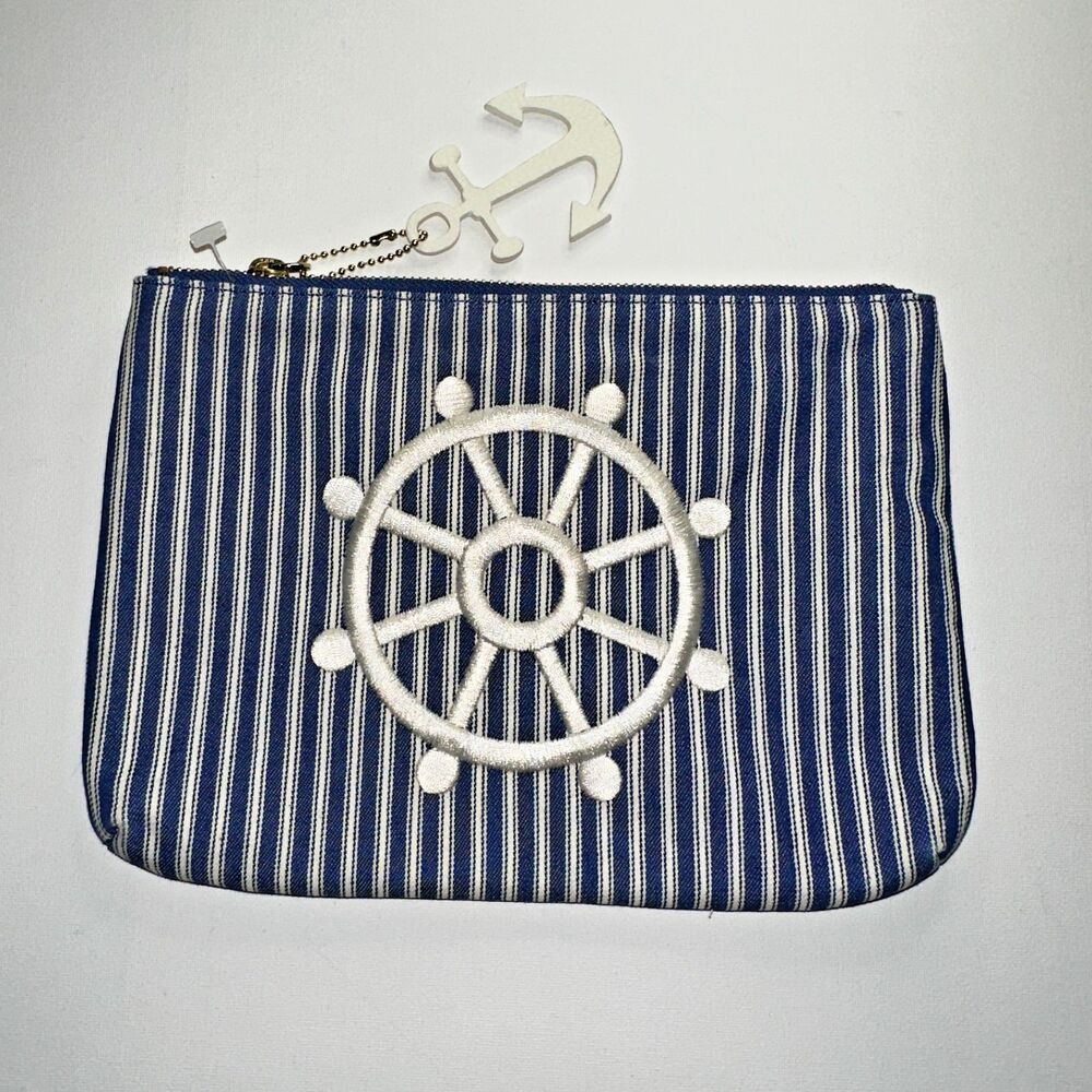 Talbots Pouch Purse Blue and White Striped Embroidered Leather Anchor Tag‎ Zip